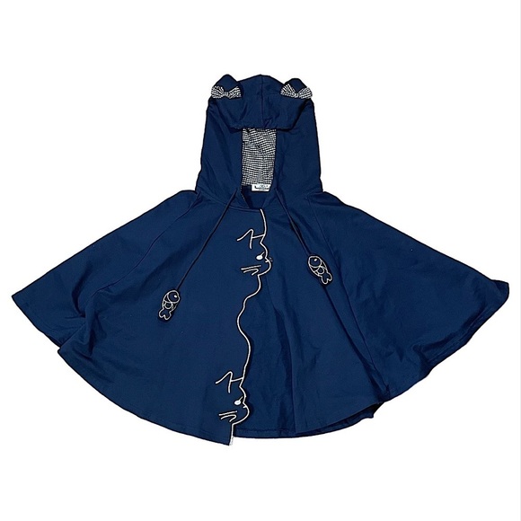 Women’s navy blue while embroidered bow cat fish poncho hooded raincoat - Picture 1 of 9